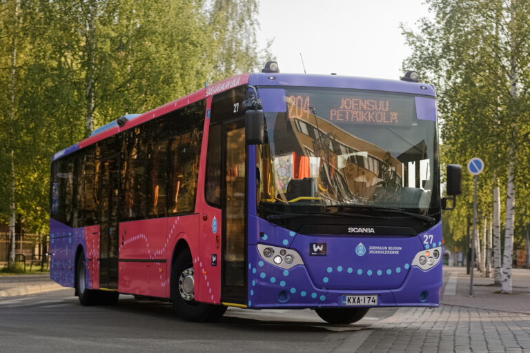 Savo-Karjalan Linja Oy:n Scania-merkkinen kaupunkilinja-auto liikennöimässä Joensuun seudun joukkoliikenteen linjaa 204 Paiholasta Petäikkölään.
